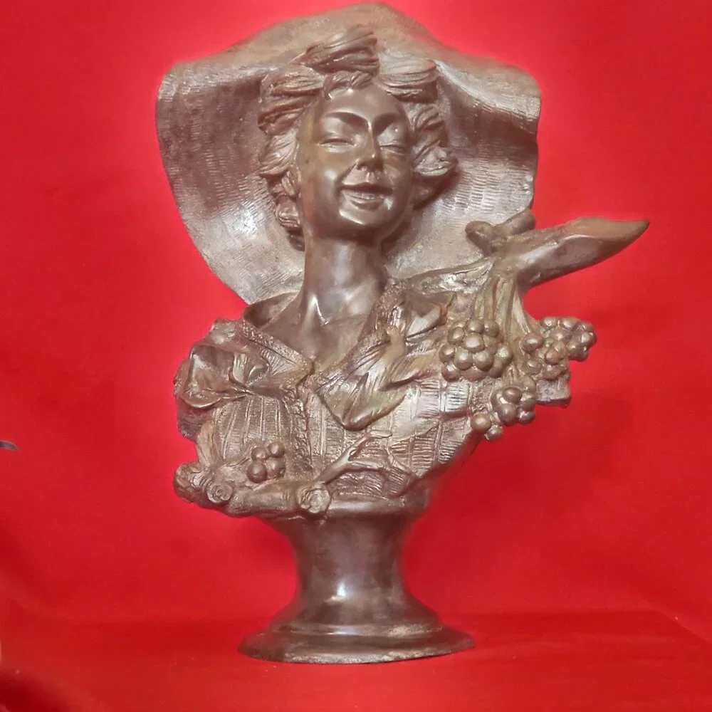 Maitland Smith Large Metal Brass Bust Lady of the Grapes Sculpture 14 Inches Tal